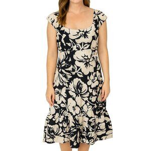 Ann Taylor Silk Dress 6 White Brown Floral Fit & Flare Cap Sleeve Garden Party